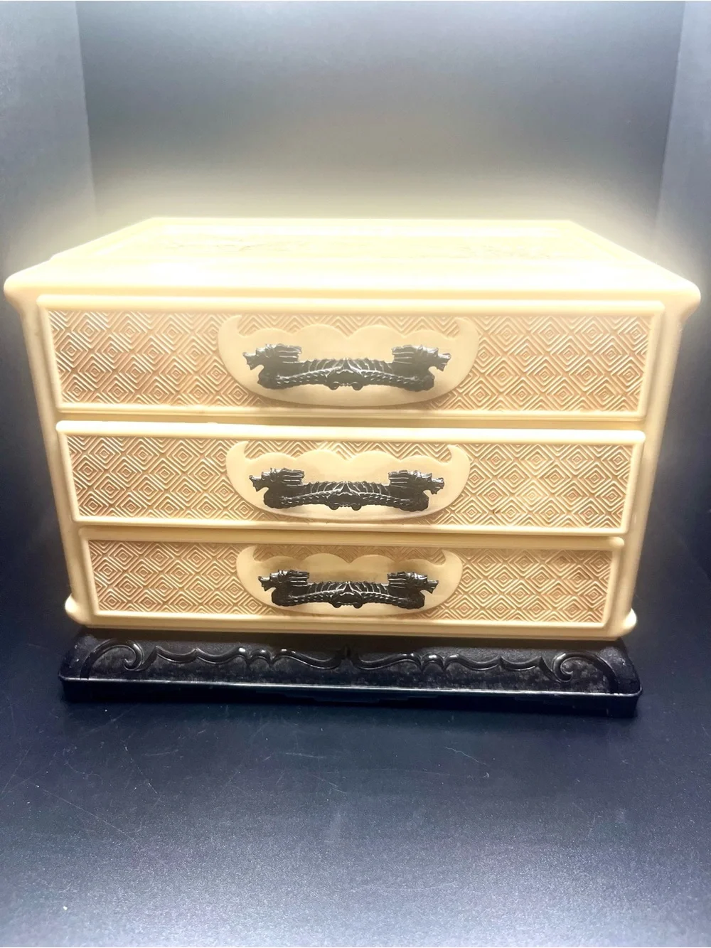 Vintage 1950s Celluloid Jewelry Box Asian Scenic 3 Drawer Vanity Trinket Chest.